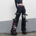 Gothic Cargo Pants Women Streetwear Punk Style Print Low Waist Jeans Black Denim Trousers Buckle Pockets Aesthetic Pantalones. 