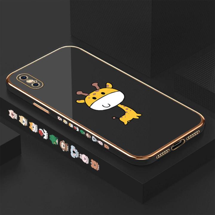 Luxury 6D Plating Case for iPhone X Color Cute Giraffe Side Pattern Back Cover Soft Silicone Square Frame Shiny Bling Phone Cases + Free Lanyard