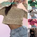 Women Sequin Top Sparkling Sequin Crop Top for Women Stylish O Neck Long Sleeves Soft Pullover for Club Party Stage Show Trendy Waist-exposed Lady Top Long-sleeve Top. 