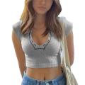 Women Short Top Shirt, Long Sleeve Patchwork Ribbed Front Button V-Neck Cropped Tops, Ladies Spring/Summer Slim Navel Shirt.