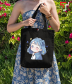 Cute Cartoon Girl Printed Black and White Canvas Tote Bag with Zipper for Girls. 