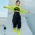 Jazz costume hip hop girls clothing green tops net sleeve black hip hop pants for kids performance modern dancing clothes bl5311.