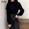 Jielur Lantern Sleeve Sweater Women Turtleneck Office Lady Pure Color Knitted Pullover Loose White Khaki Sweaters for Women. 