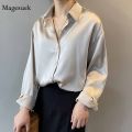 Silk Korean Office Ladies Elegant Shirt Blouse Women Fashion Button Up Satin Shirt Vintage White Long Sleeve Shirts Tops 11355. 