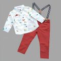 Baby Boy Dress Set: White Printed Full Sleeve Shirt and Brown Pant with Dungarees. 