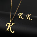 Hot Selling custom Jewelry sets Gold plated Stainless Steel 26 Letter Pendant Initial Necklace Stud Earrings Set For Women Gift. 