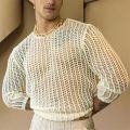 Mens Long Sleeve Hollow Out Knit Shirts See Through Muscle Clubwear Blouse Tops Casual Shirt Knitted Slim Top Clothes.