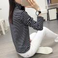 Women Black White Striped Long Sleeve T-Shirt Korean Style Turtleneck Tops. 