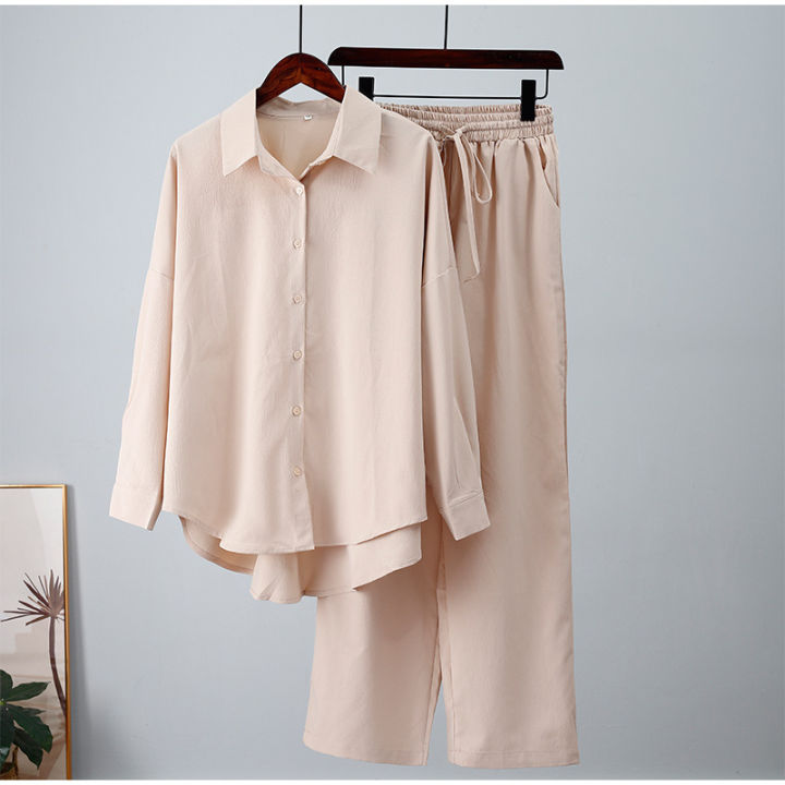 women%20clothing%20ladies%20loose%20stretch%20crease%20long%20sleeve%20shirt%20wide%20leg%20pants%20casual%20sets%20women's%202%20piece%20set%20-%20Image%205