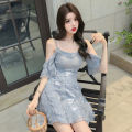 Fairy Dress Western Style off-Neck off-Shoulder Backless Ruffled Stitching Waist-Controlled Slimming Suspender Dress. 