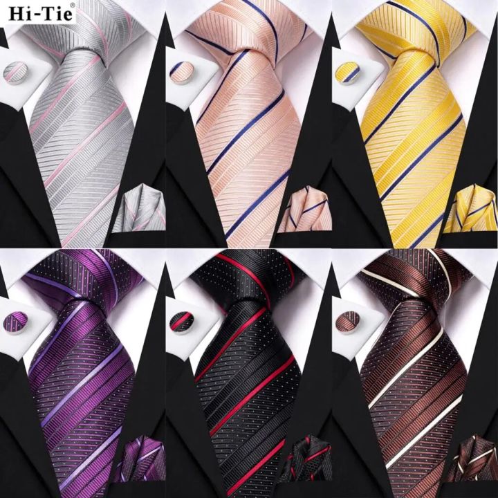 【100%-New】 Hi-Tie Striped Black Red Mens Fashion Necktie Handkerchief Cufflinks for Tuxedo Accessory Classic Silk Luxury Tie for Man Gift