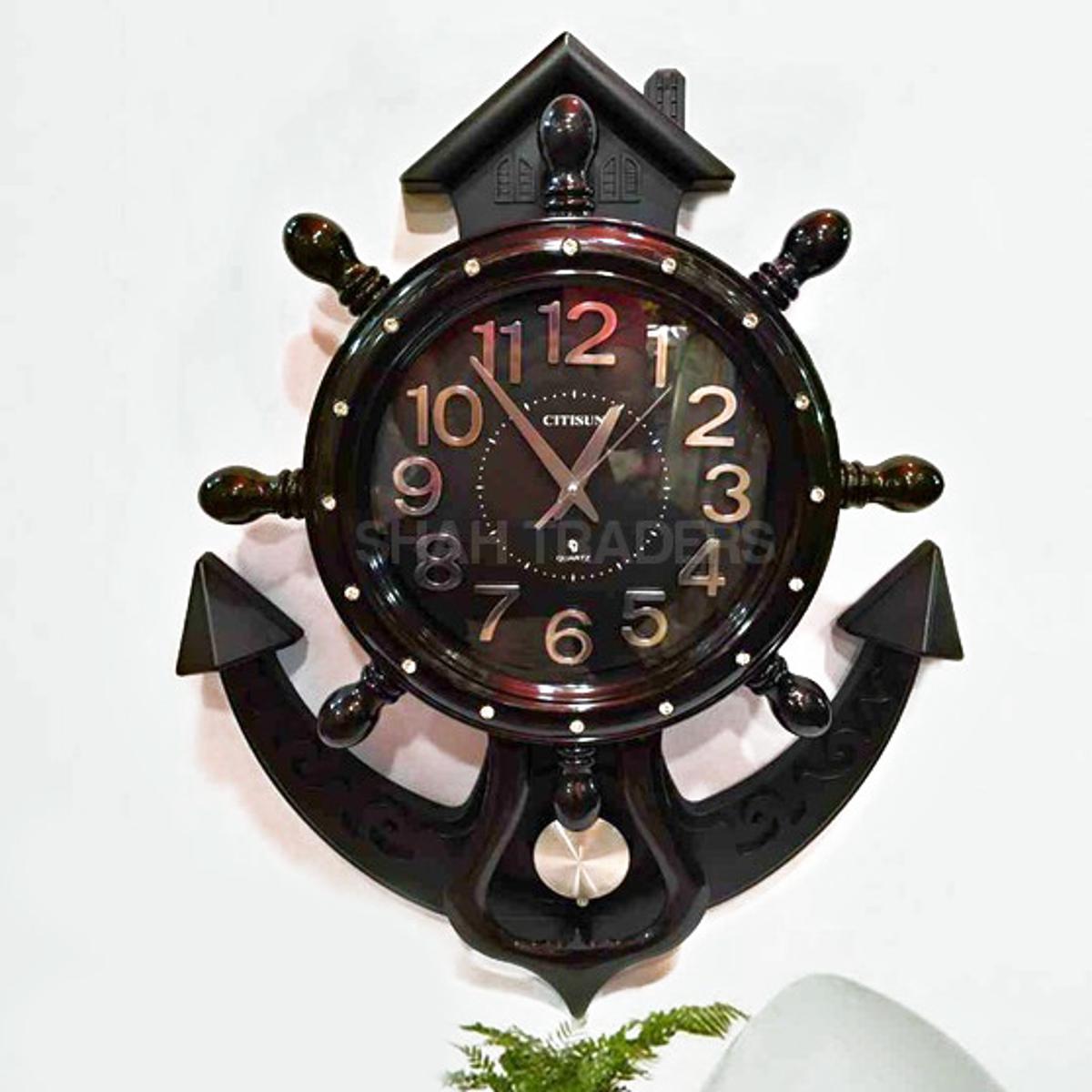 Wall Clock Pendulum Brown Decorative Carved Rustic