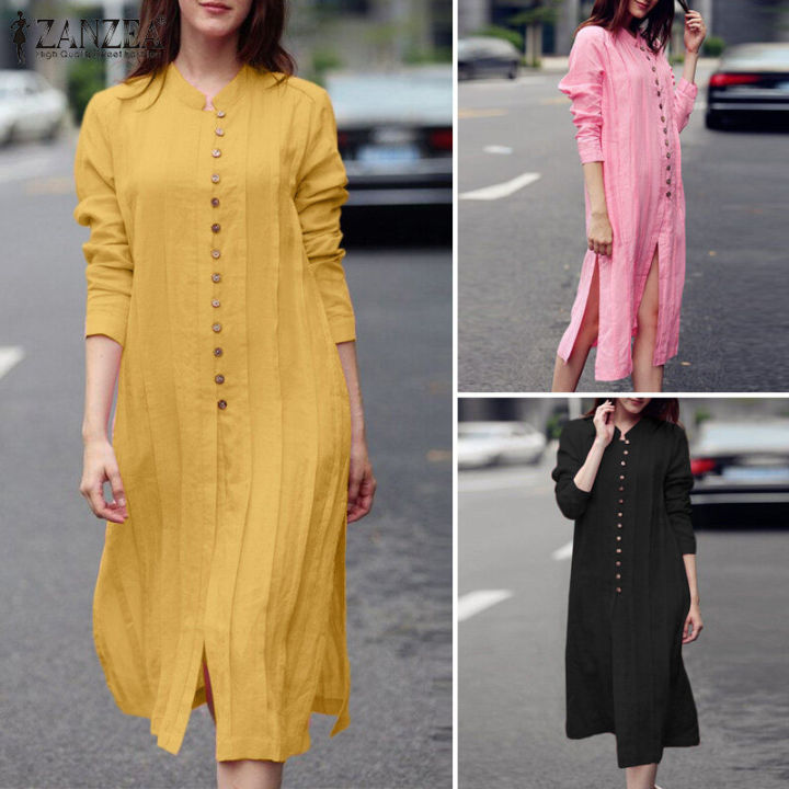 ZANZEA%20Women%20Fashion%20Round%20Neck%20Shirtdress%20Versatile%20Button%20Down%20Side%20Split%20Dresses%20#15%20-%20Image%205