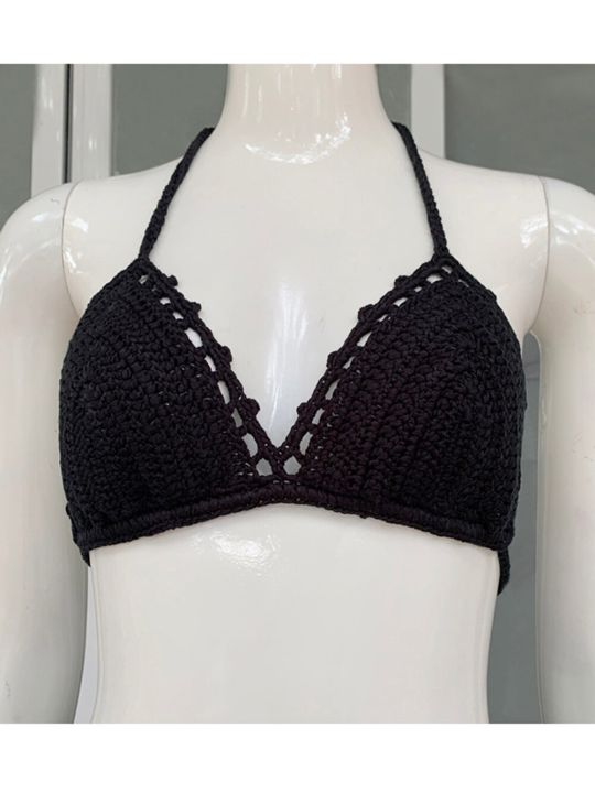 Women%20Crochet%20Bikini%20Top%20With%20Dress%20Tassel%20Beach%20Wear%20Cover%20Up%20Handmade%20Black%20Cotton%20Adjustable%20Lace%20String%20Luxury%20Dresses%20-%20Image%205