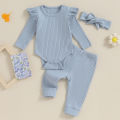 FOCUSNORM 0-18M Autumn Baby Girls Boys Clothes Sets 3pcs Solid Color Long Sleeve Ribbed Romper + Pants + Headband. 