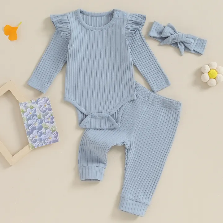 FOCUSNORM%200-18M%20Autumn%20Baby%20Girls%20Boys%20Clothes%20Sets%203pcs%20Solid%20Color%20Long%20Sleeve%20Ribbed%20Romper%20+%20Pants%20+%20Headband%20-%20Image%206