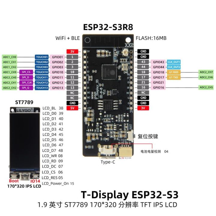 T-Display-S3%20ESP32%20S3%20with%201.9%20inch%20ST7789%20LCD%20Display%20Development%20Board%20Bluetooth5.0%20Wireless%20Module%20170*320%20Resolution%20-%20Image%206