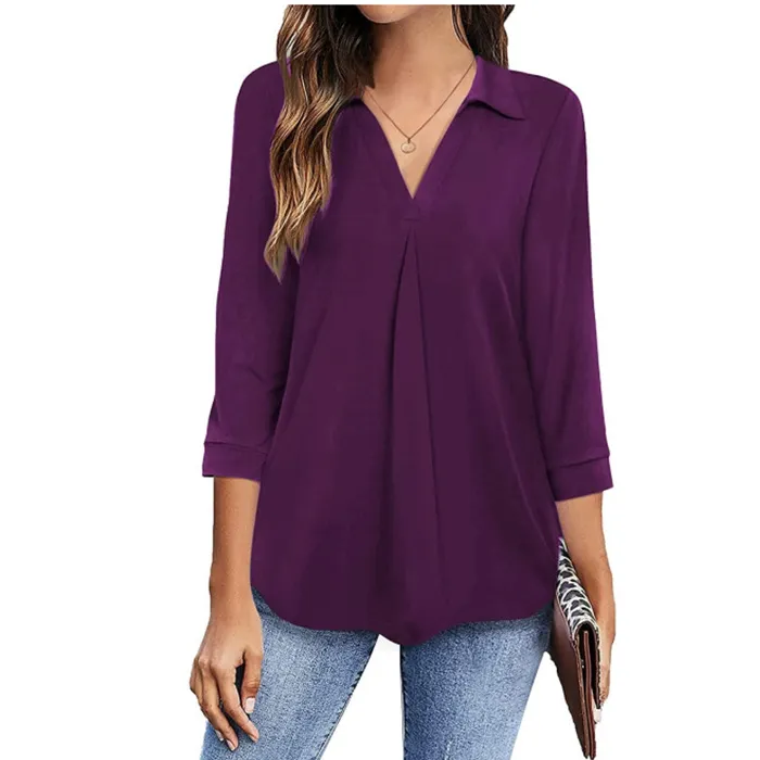 Womens%20relax%20wear%20Collared%20V%20Neck%203/4%20Sleeve%20Shirts%20Business%20Casual%20Tops%20Loose%20Fit%20Work%20Blouses%20-%20Image%204