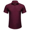 Burgundy Men Cotton Casual Short Sleeve Summer Shirt Solid Men Clothing Work Social Business Loose Blouse Tops. 