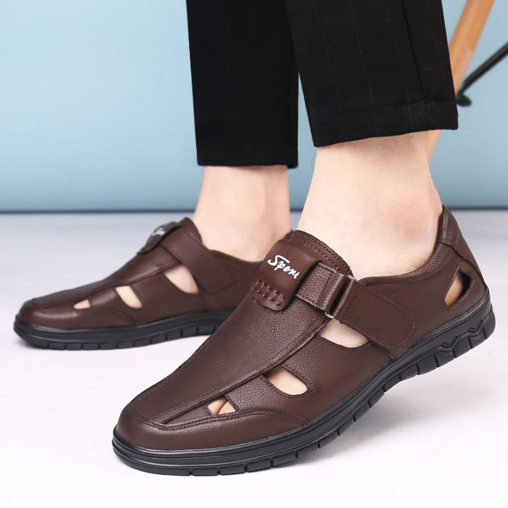 New Men's Leather Shoes Cool Breathable round Toe Slip-on Hollow out Leather Sandals Shoes 5507