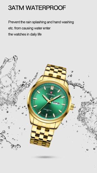 NAVIFORCE%209203%20Business%20mens%20watches%20stainless%20steel%20strap%20with%20Day%20Quartz%20Wristwatches-%20Gold%20&%20Green%20-%20Image%205