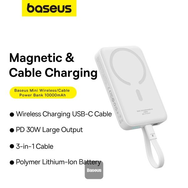 Baseus 10000mAh Magnetic Mini Wireless Fast Charge Power Bank 30W With Built-In Type-C Cable