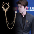 Deer Head Chain Brooch Pin For Men's Suits Coats Fashion Classic Accessories Crystal Jewelry Gift. 