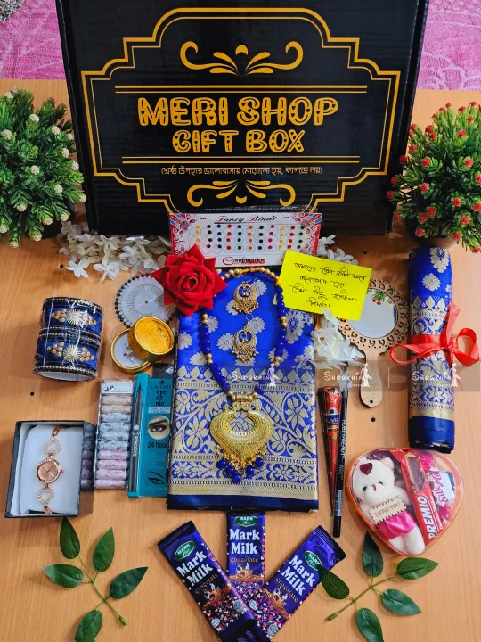 20 item Special Saree Combo Gift Set Box - Saree Churi Neckkace watch ring ayna chocolate golap gazra etc