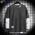 Decorative Splicing Style T-shirt Stylish Men's Two-piece Patchwork Sweatshirt Trendy Fall/winter Hop Stwear for Soutast Asian Fashion Enthusiasts Men Round Neck T-shirt.