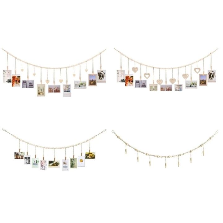 Tassel Cotton Rope Wall Hanging Picture Frame Wooden Hanging Photo Display Rack Picture Organizer with Clip Home Decor