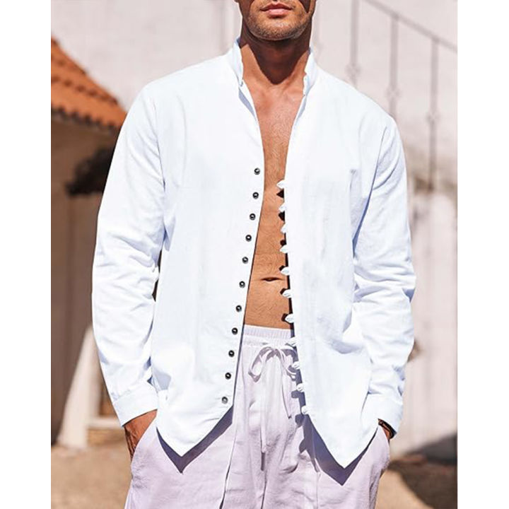 Men's%20Cotton%20Linen%20Shirt%20Long%20Sleeve%20Shirts%20Men%20Beach%20Shirt%20Summer%20Casual%20Solid%20Color%20Stand%20Collar%20Men's%20Shirt%20-%20Image%204