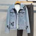 Men's Fashion Cross Embroidery Denim Jacket Spring and Autumn Ins Street Fashion Label Loose Jean Jacket Chaquetas Hombre.