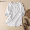 ZANZEA Women Short Sleeve V Neck Top Casual Loose Shirt Tee Solid Cotton Blouse #2.