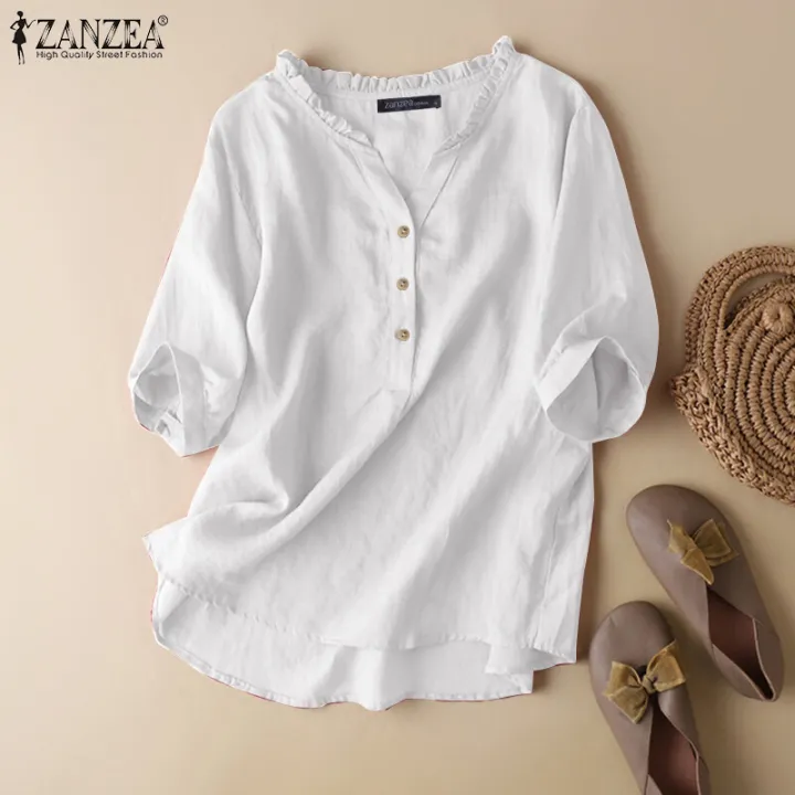 ZANZEA%20Women%20Short%20Sleeve%20V%20Neck%20Top%20Casual%20Loose%20Shirt%20Tee%20Solid%20Cotton%20Blouse%20#2%20-%20Image%203
