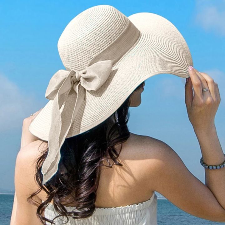 Summer Women Straw Hat Bowknot Wide Brim Floppy Panama