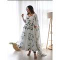 Indian Georgette Gown Three Pieces Dress For Women - White and Green - Suitable for all Seasons and Occasins.