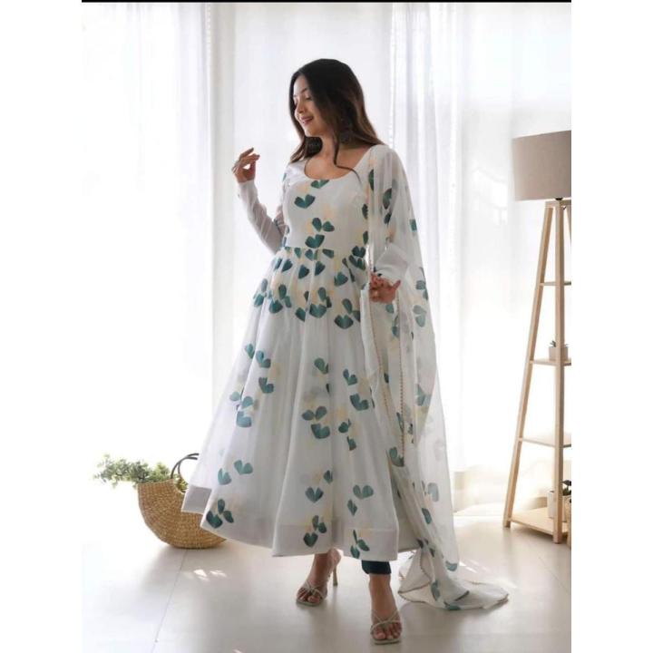 Indian Georgette Gown Three Pieces Dress For Women - White and Green - Suitable for all Seasons and Occasins