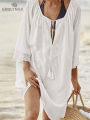 PRODUCTEI Women Swimsuit Cover Ups Kaftan Beach Tunic Dress 2023 Summer Robe De Plage Solid Cotton Pareo Beach Cover Up #Q363. 