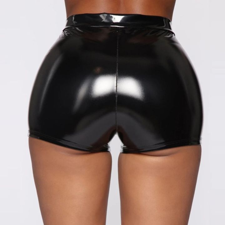 Nightclub Costumes Skinny Shorts Women PU Leather Shorts High Waist Solid Button Black Shorts Summer Wet Look Leather A50