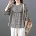 Foreign Trade Japanese Export Tail Single Women's Leak-Picking Linen Shirt Doll Shirt Cotton Linen Plaid Blouse. 