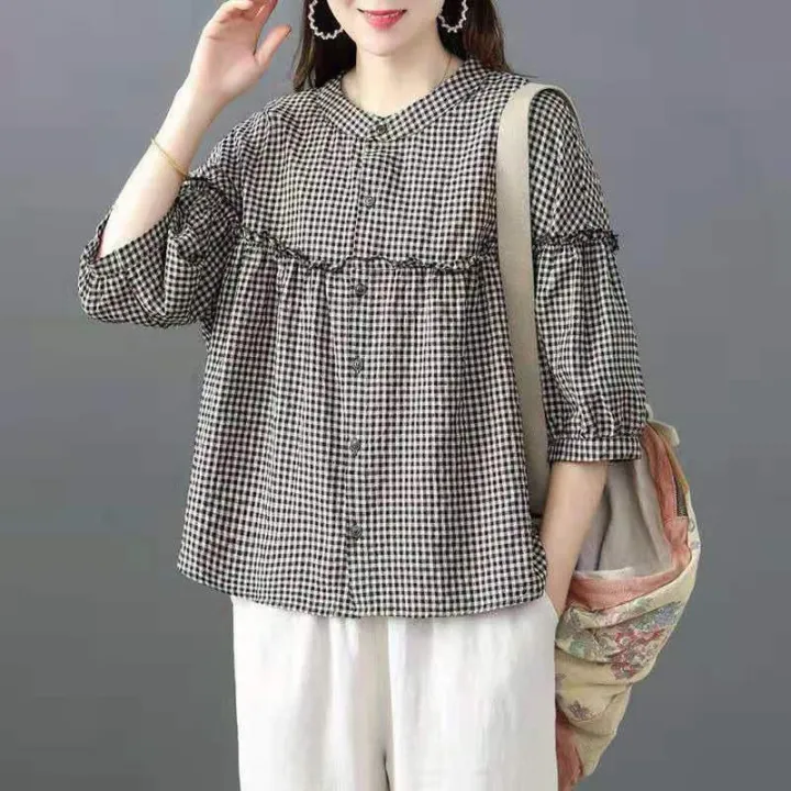 Foreign%20Trade%20Japanese%20Export%20Tail%20Single%20Women's%20Leak-Picking%20Linen%20Shirt%20Doll%20Shirt%20Cotton%20Linen%20Plaid%20Blouse%20-%20Image%204