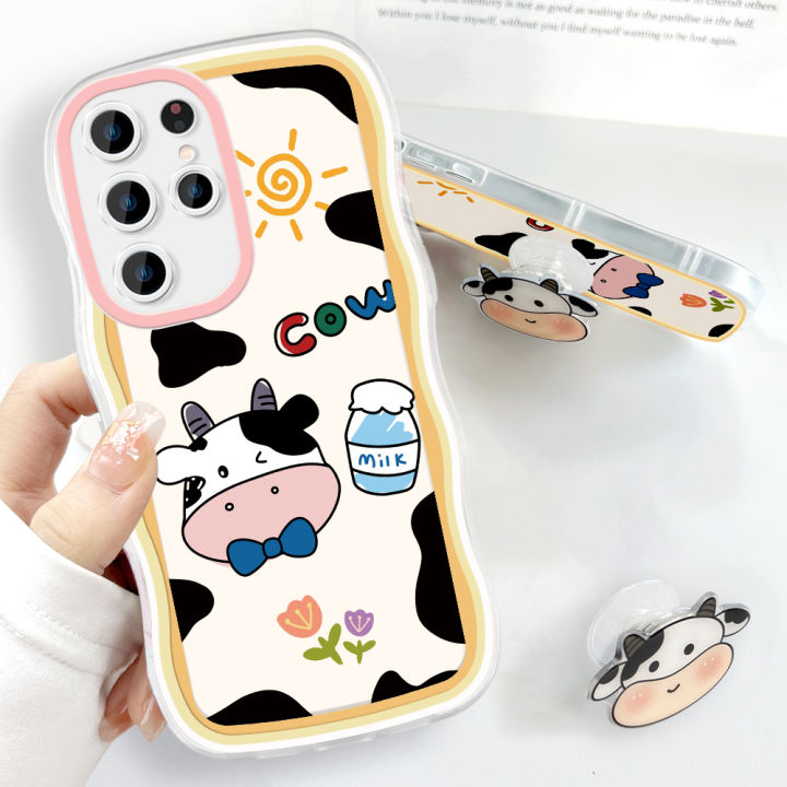 (Free Holder) FELMYST Casing Case For SAMSUNG Galaxy S21 Ultra 5G Case Transparent Clear Cases Cartoon Cute Cow Soft Silicone Full Shockproof Hello Cases Back Cover Phone Casing Softcase For Girls