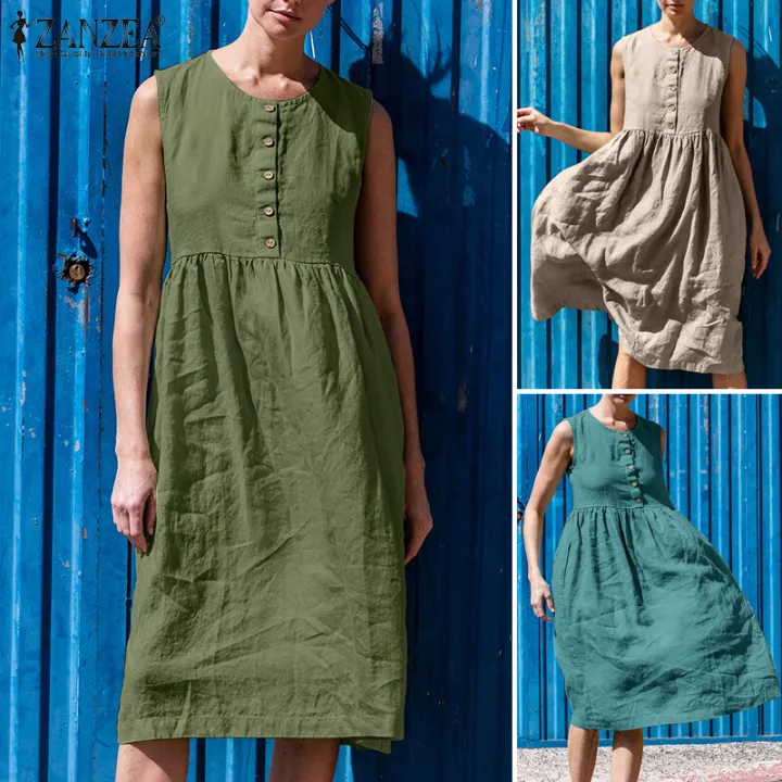 ZANZEA%20Womens%20Summer%20Sleeveless%20Tank%20Dress%20Casual%20Solid%20Cotton%20A-Line%20Midi%20Dresses%20#15%20-%20Image%205