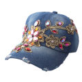 Women Baseball Hat Comfortable Women Rhinestone Flower Denim Hat. 