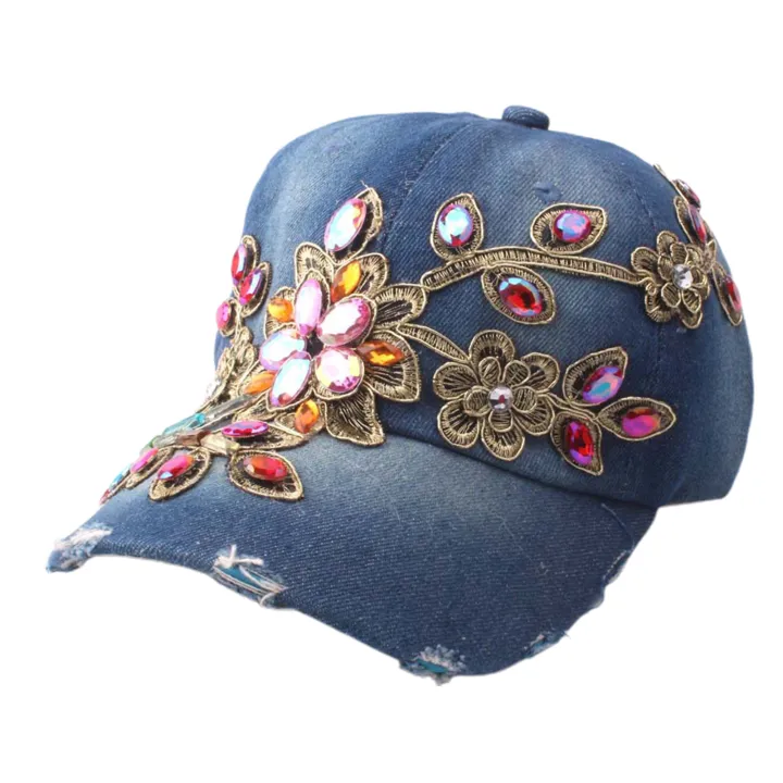 Women%20Baseball%20Hat%20Comfortable%20Women%20Rhinestone%20Flower%20Denim%20Hat%20-%20Image%209