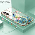 Hontinga for Vivo Y17S Back Cover With Free Strap Luxury 6D Plating Cartoon Peacock Side Pattern Case Soft Silicone Square Mobile Cover. 