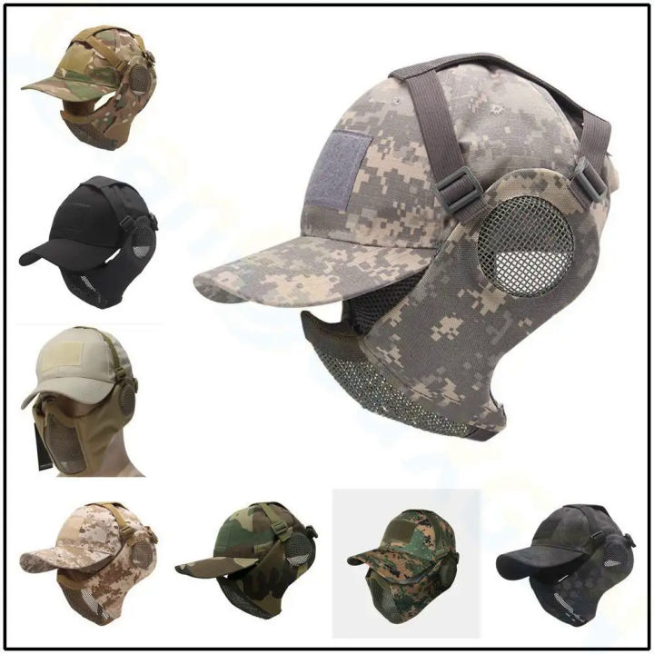 Tactical Airsoft Mask Half Face Strike Metal Mesh Protective Skull Mask & Cap Ear protection Hunting Accessories