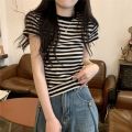 M61 Summer Clothing 2023 New French Style Sweet and Spicy Style Inner Bottoming Shirt Shoulder T Women's Striped T-shirt Shory Style Shirt.