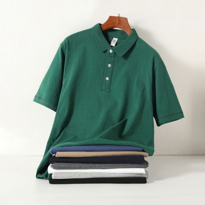 Xinjiang long-staple cotton 250g heavy dark green short-sleeved polo shirt for summer loose khaki lapel men's t-shirt