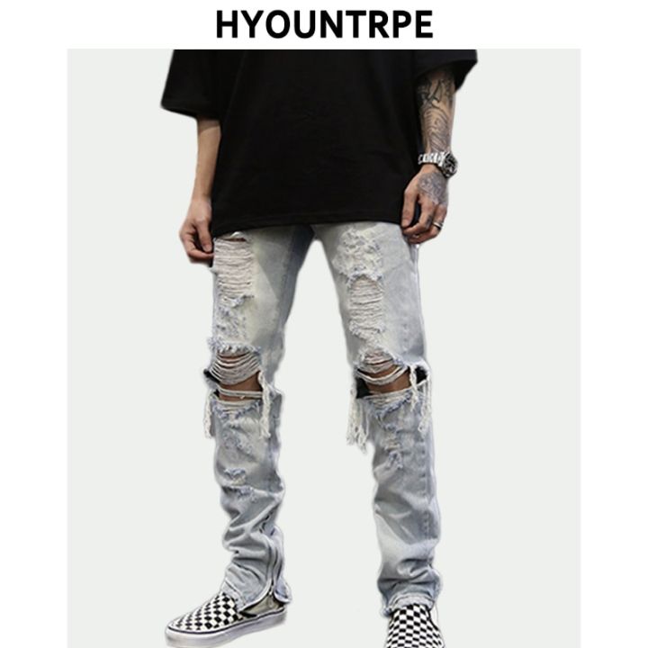 Bottom Zipper Knee Holes Denim Jeans Destroyed Ripped Slim